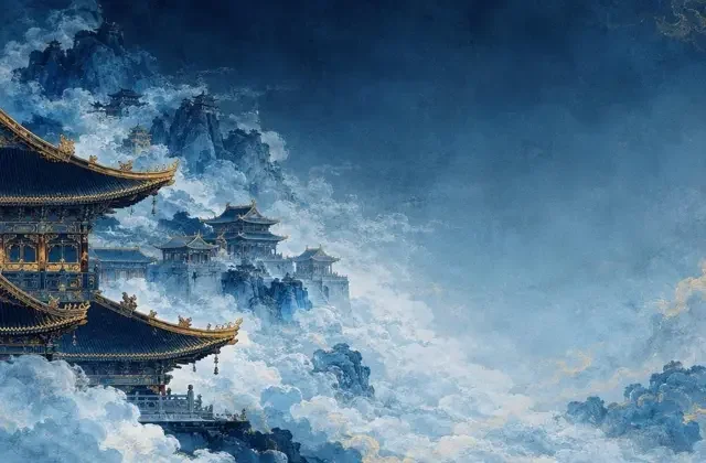 古装题材短剧主题插画，藏青与冰蓝色调