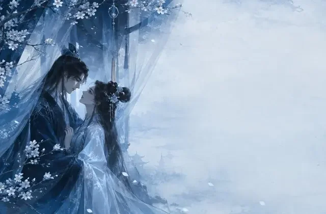 甜宠题材短剧主题插画，藏青与冰蓝色调