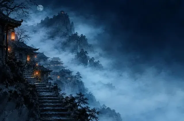 民间奇谈题材短剧主题插画，藏青与冰蓝色调